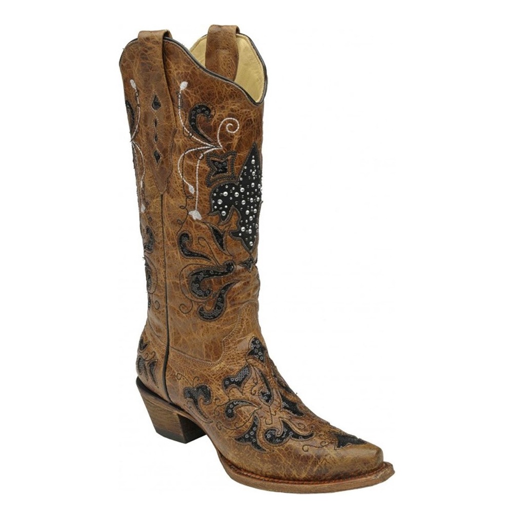 CORRAL Women's Fleur-De-Lis Sequin Inlay
Cowgirl Boot Snip Toe Tan